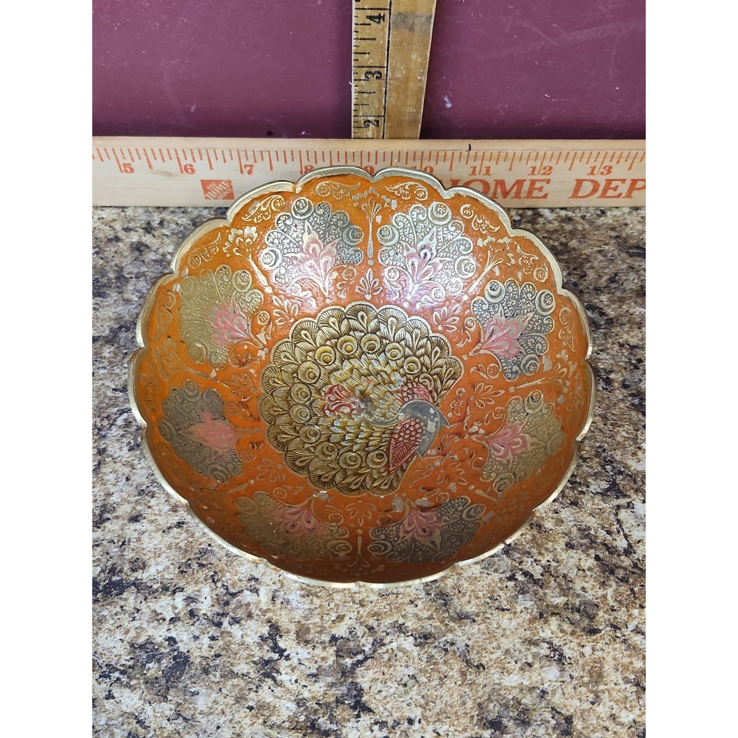 Vintage Brass Hand Painted Enameled Peacock Bowl Classic Boho Chic Approx 5”