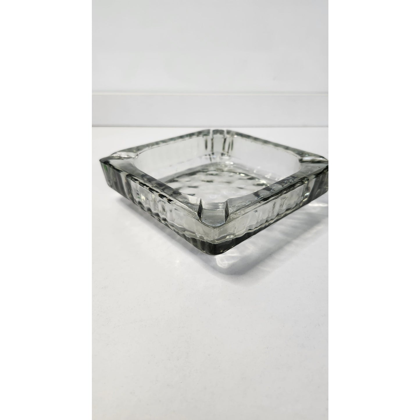 VTG Square Glass Ashtray Clear Textured Ribbed Bubble Base Tobacciana 6 inch