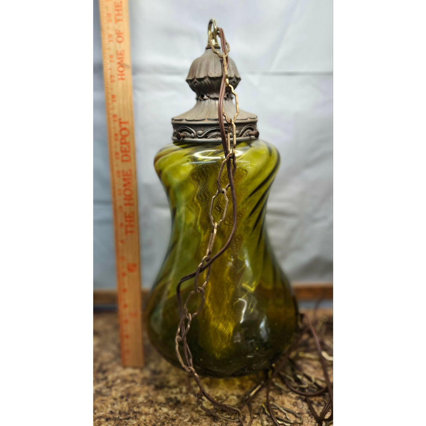 Vintage Swirl Glass Hanging Swag Lamp Light Fixture Green Mid Century Modern 20"