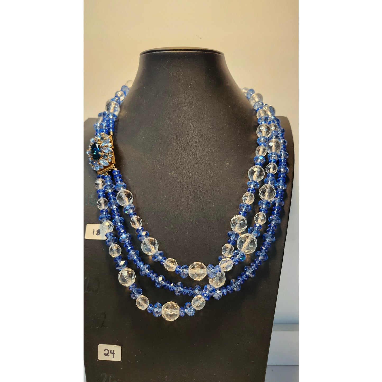 Vintage Darien Multi Strand Faceted Bead Necklace Blue Clear Lead Crystal 21"