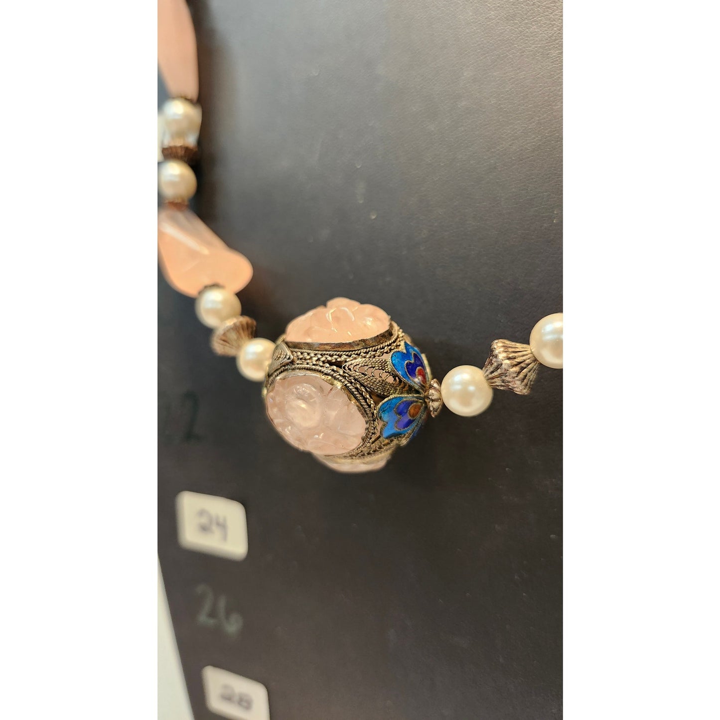 Vintage Chinese Necklace Rose Quartz Cloisonne 925 Sterling Silver Beaded 22"