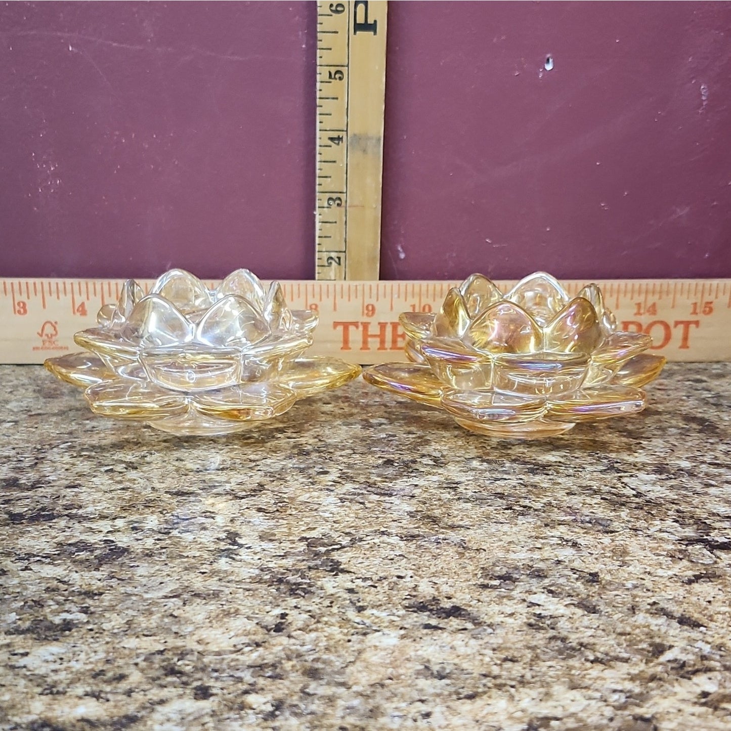 Set of 2 Iridescent Glass Lotus Flower Tea Light Candle Holders Clear Amber