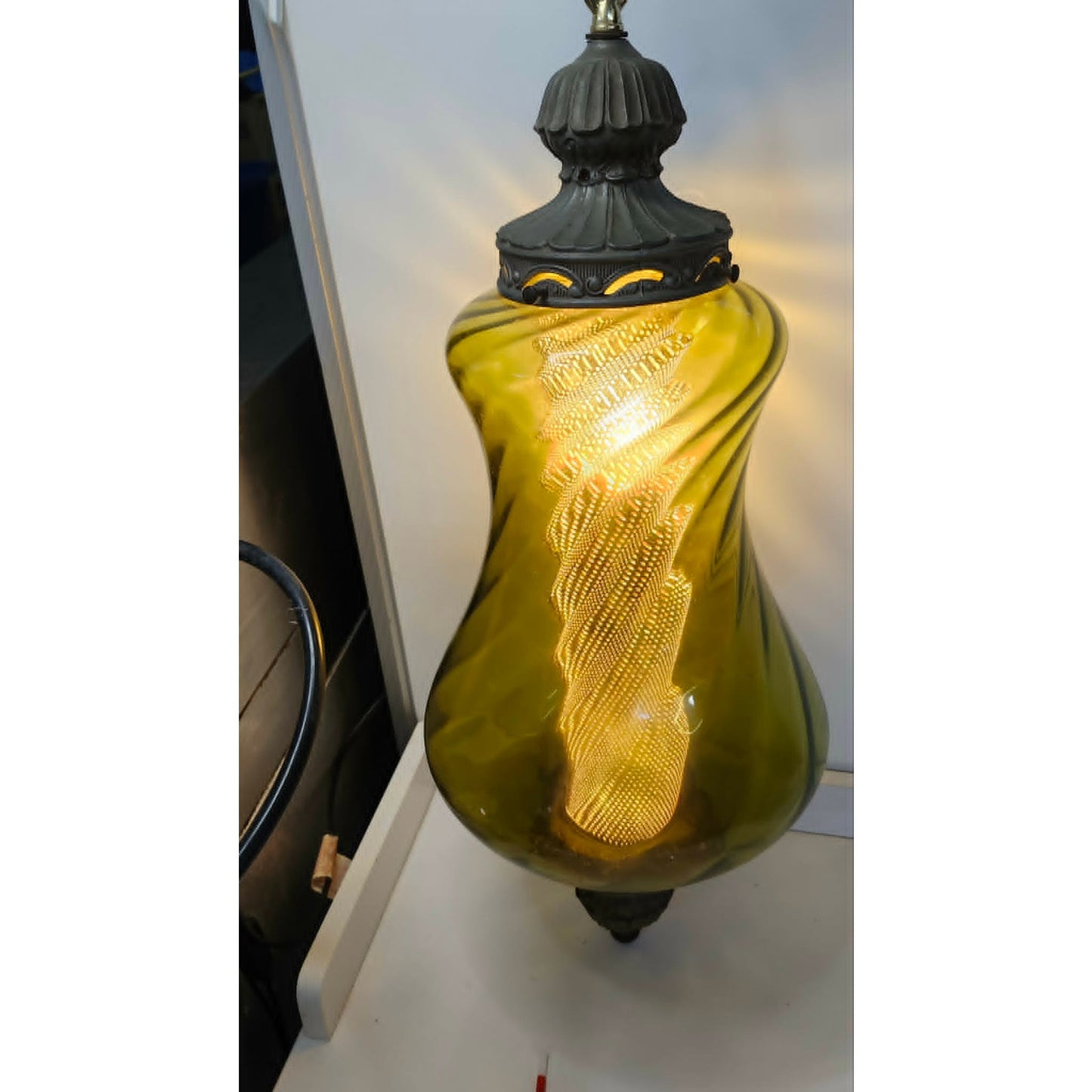 Vintage Swirl Glass Hanging Swag Lamp Light Fixture Green Mid Century Modern 20"