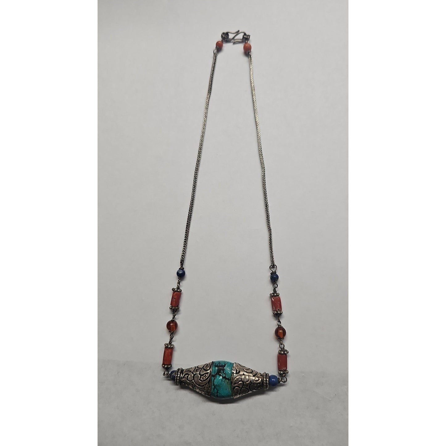 Vintage Sterling Silver and Turquoise Necklace Tibetan Tribal Blue Red Beads