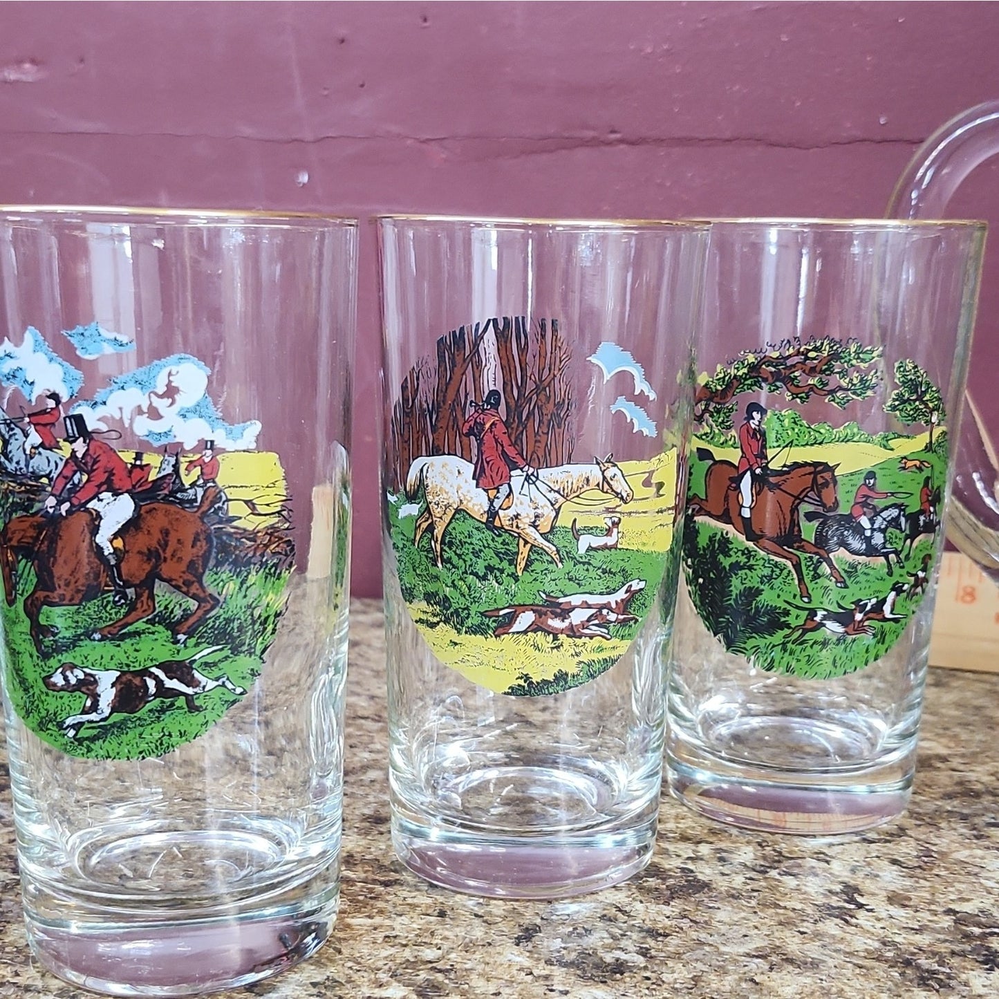Neiman Marcus Style Glass Pitcher + 6 Tumblers, Hunting Scene Horses