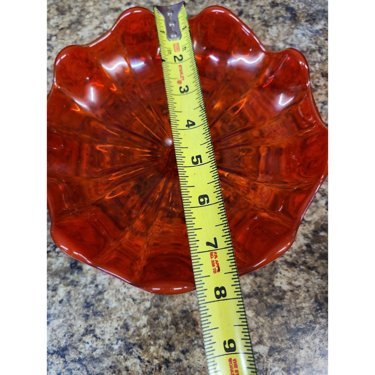 Amberina 9 Petal glass footed compote bowl, likely L.E. Smith or Viking Glass