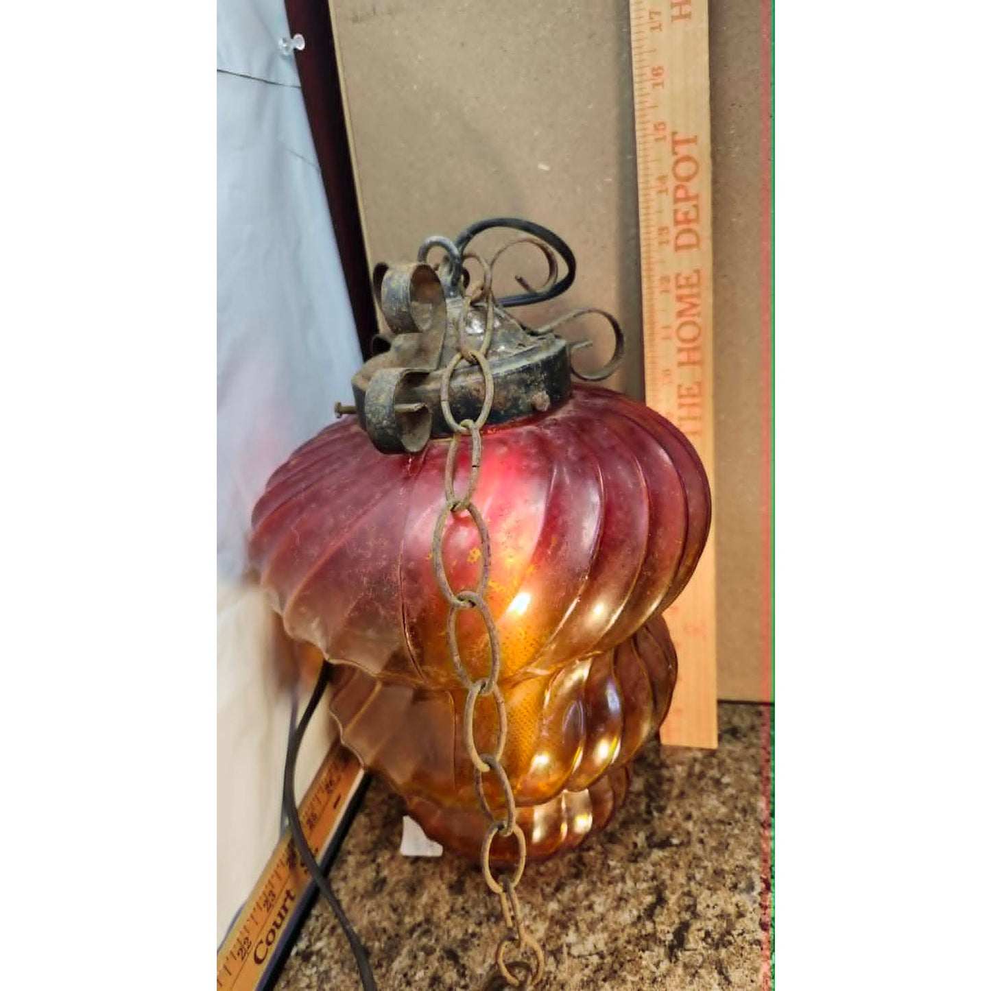 Vintage Swirl Glass Swag Lamp Hanging Light Fixture Red Amber Mid Century Retro