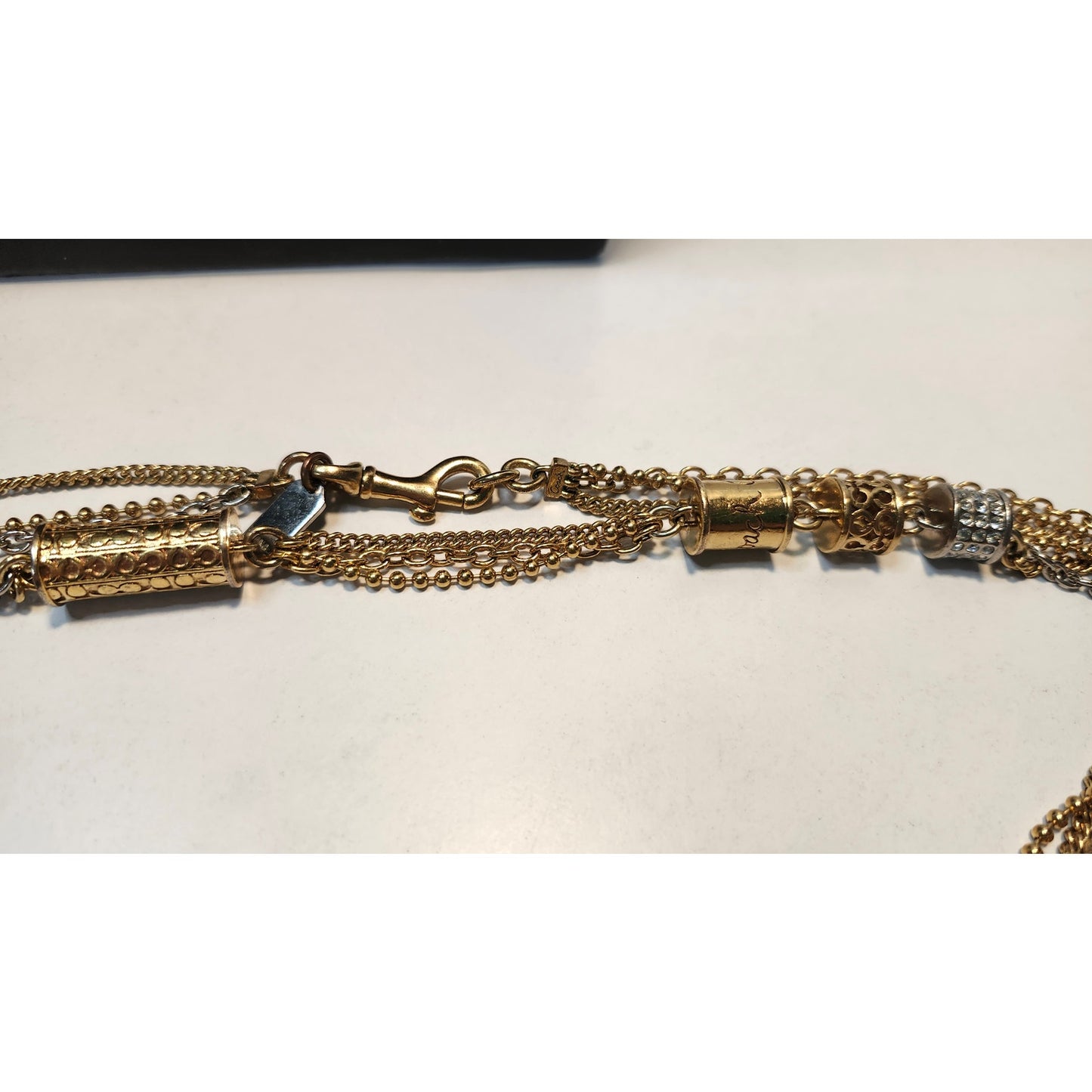 Coach Multi Strand Cylinder Long Station Statement Necklace Two Tone Pave Chain
