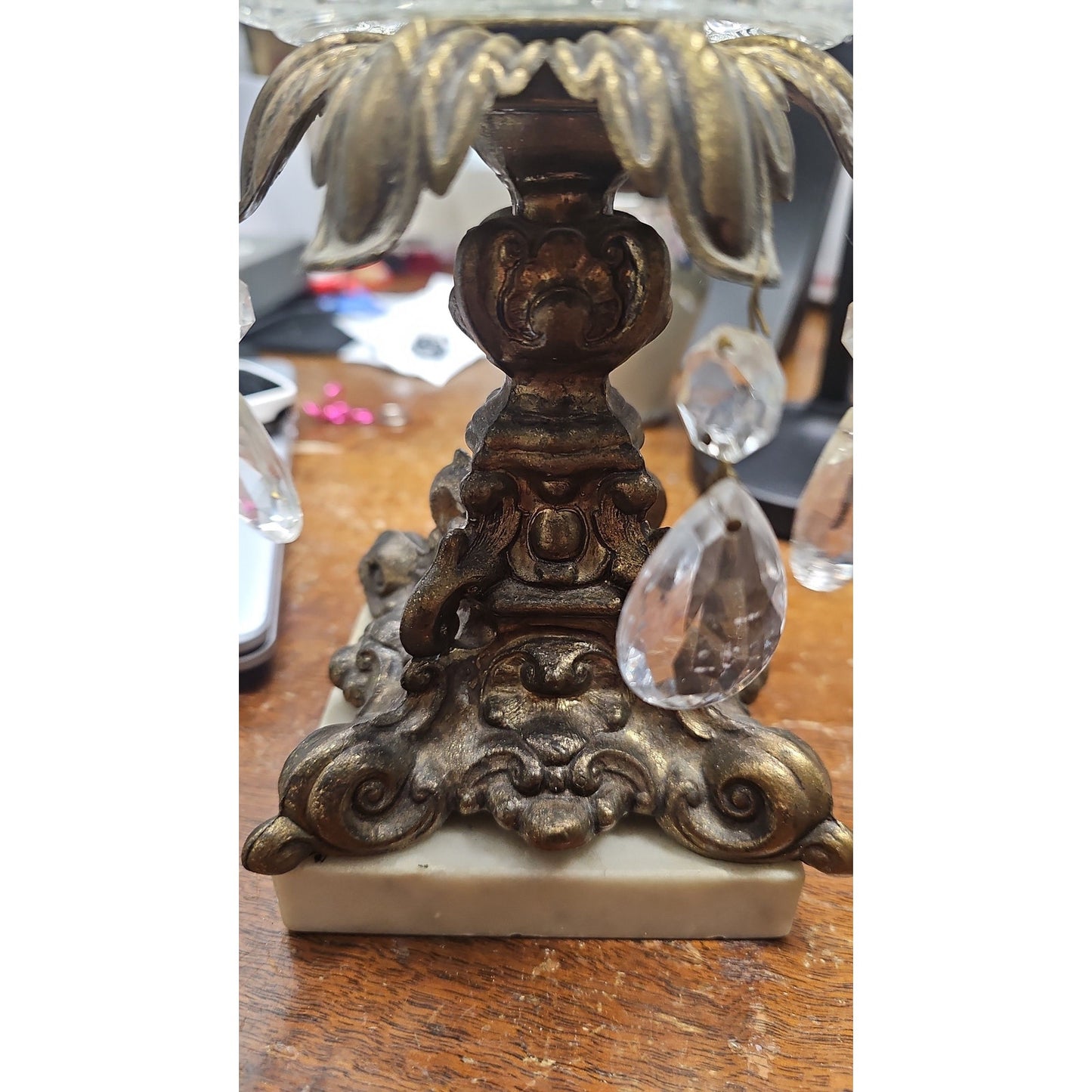 Hollywood Regency Crystal Pedestal Ashtray w/ Prisms & Marble Base Centerpiece