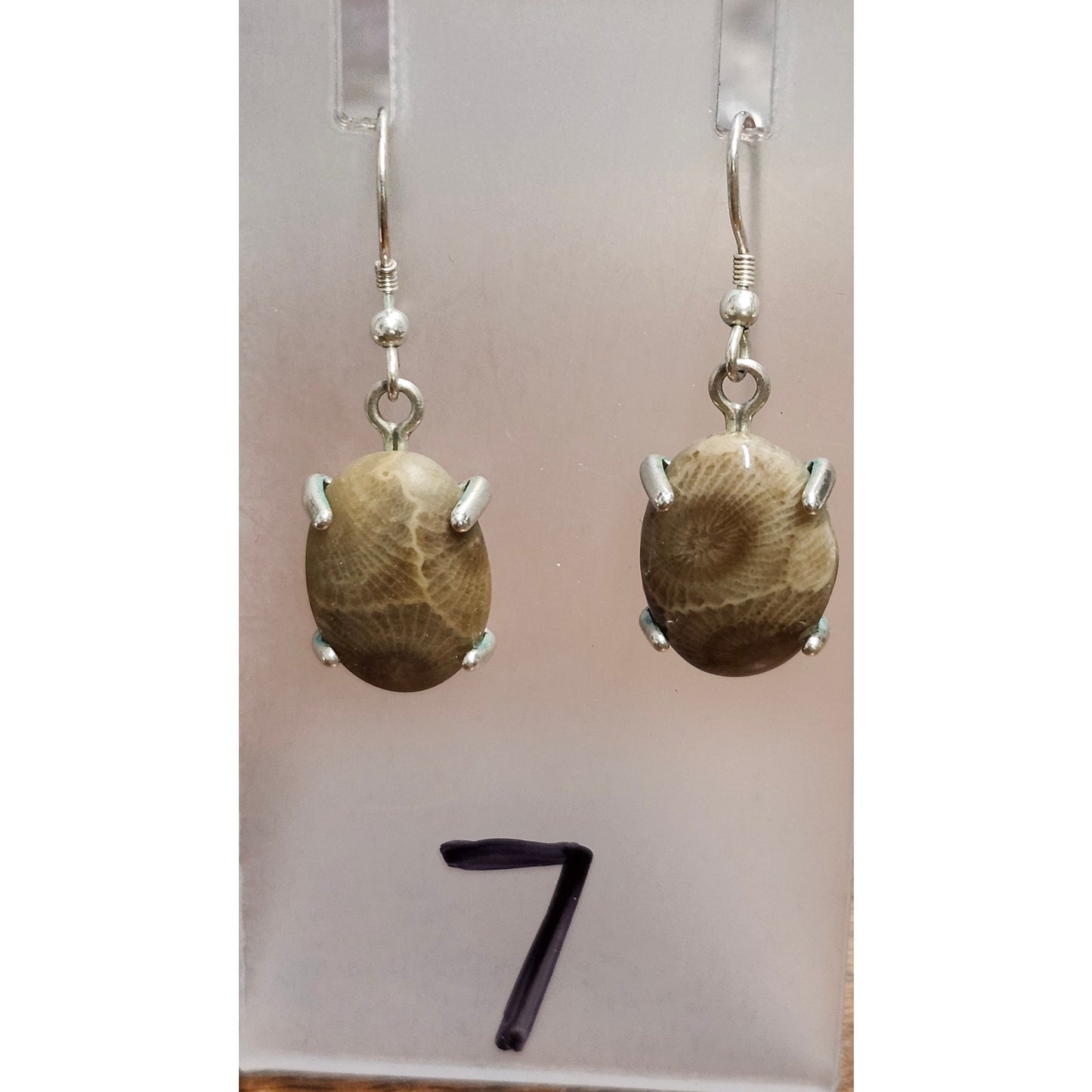VTG 925 Sterling Silver Petoskey Stone Dangle Earrings Brown Fossilized Coral
