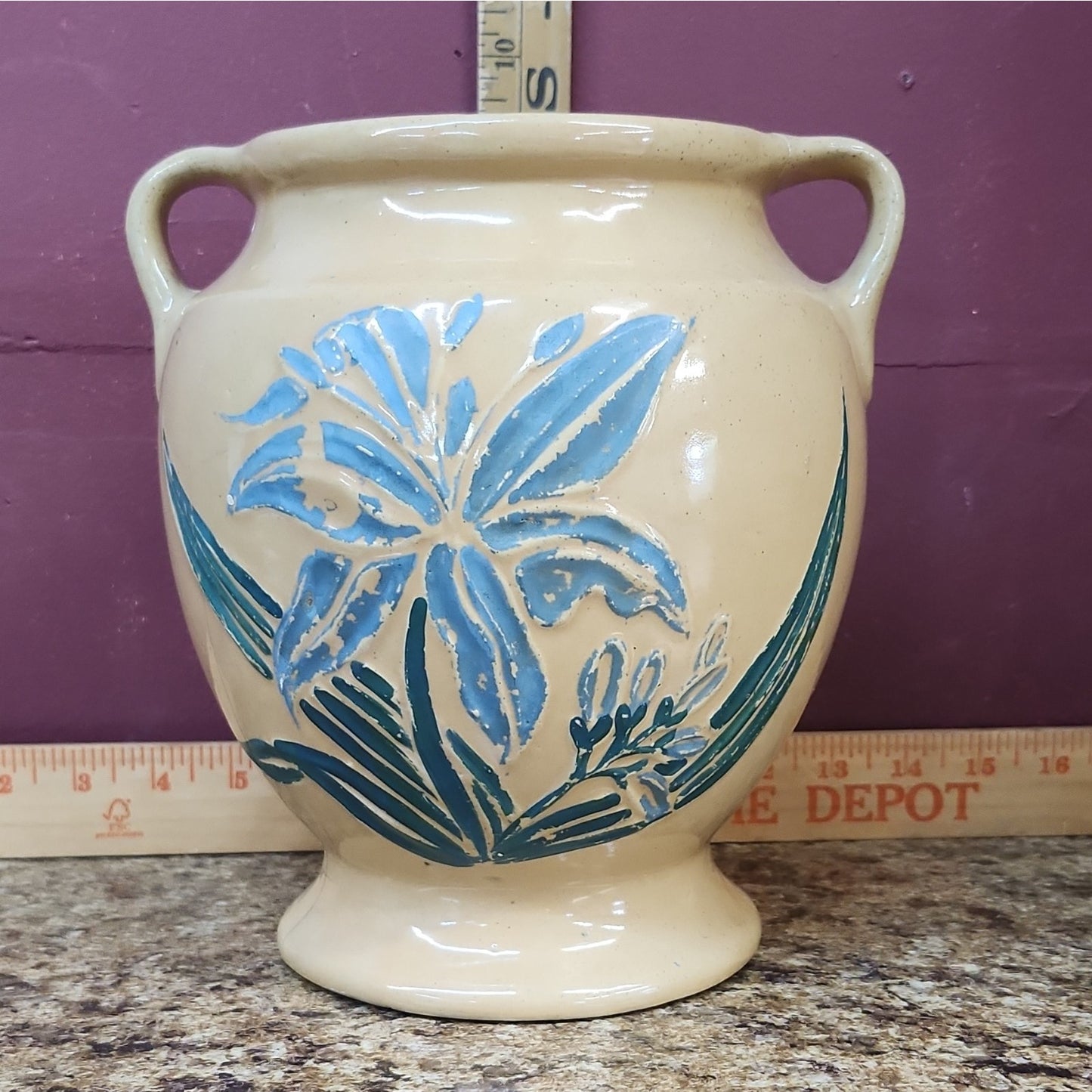 USA Ceramic Art Pottery Cache Pot w/ Floral Pattern & Handles, Glossy, 8.5 In