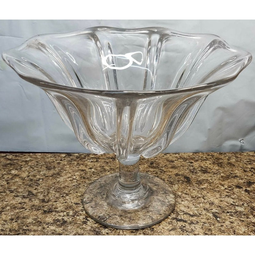 Vintage Clear Glass Fluted Pedestal Compote Centerpiece Bowl Scalloped 9.5" Tall