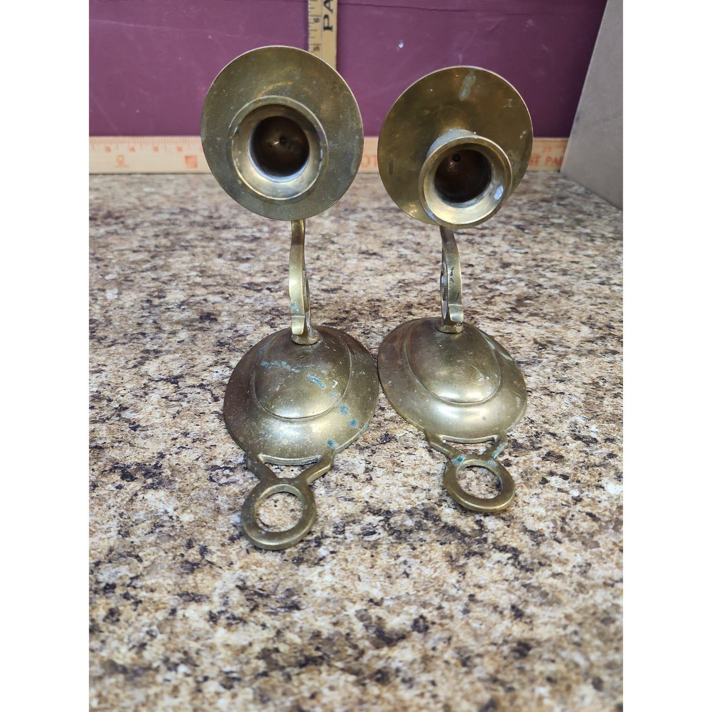 VTG Pair MCM Brass Candlestick Wall Sconces 6.25” Flush Mount Some Patina
