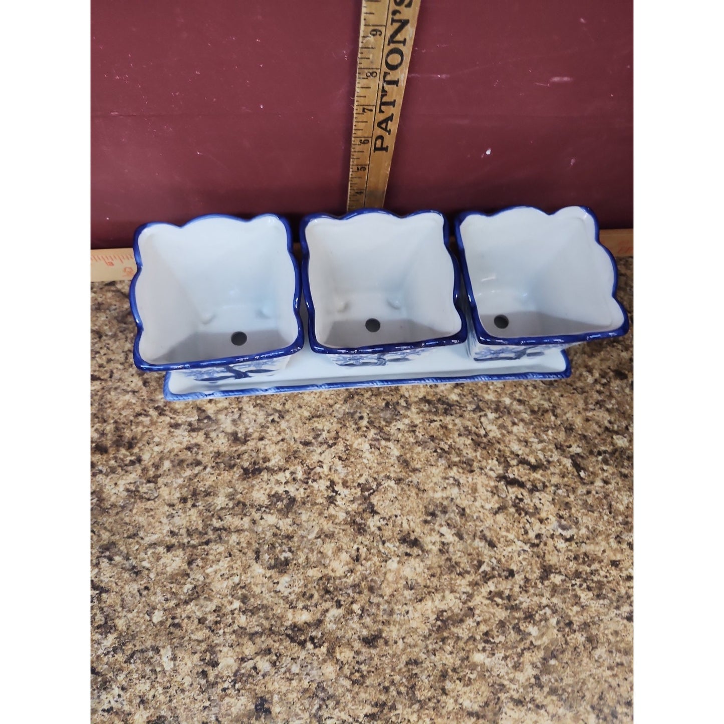 Vintage Set of 3 Small Blue & White Raised Floral/ Ceramic Pot/Planter's