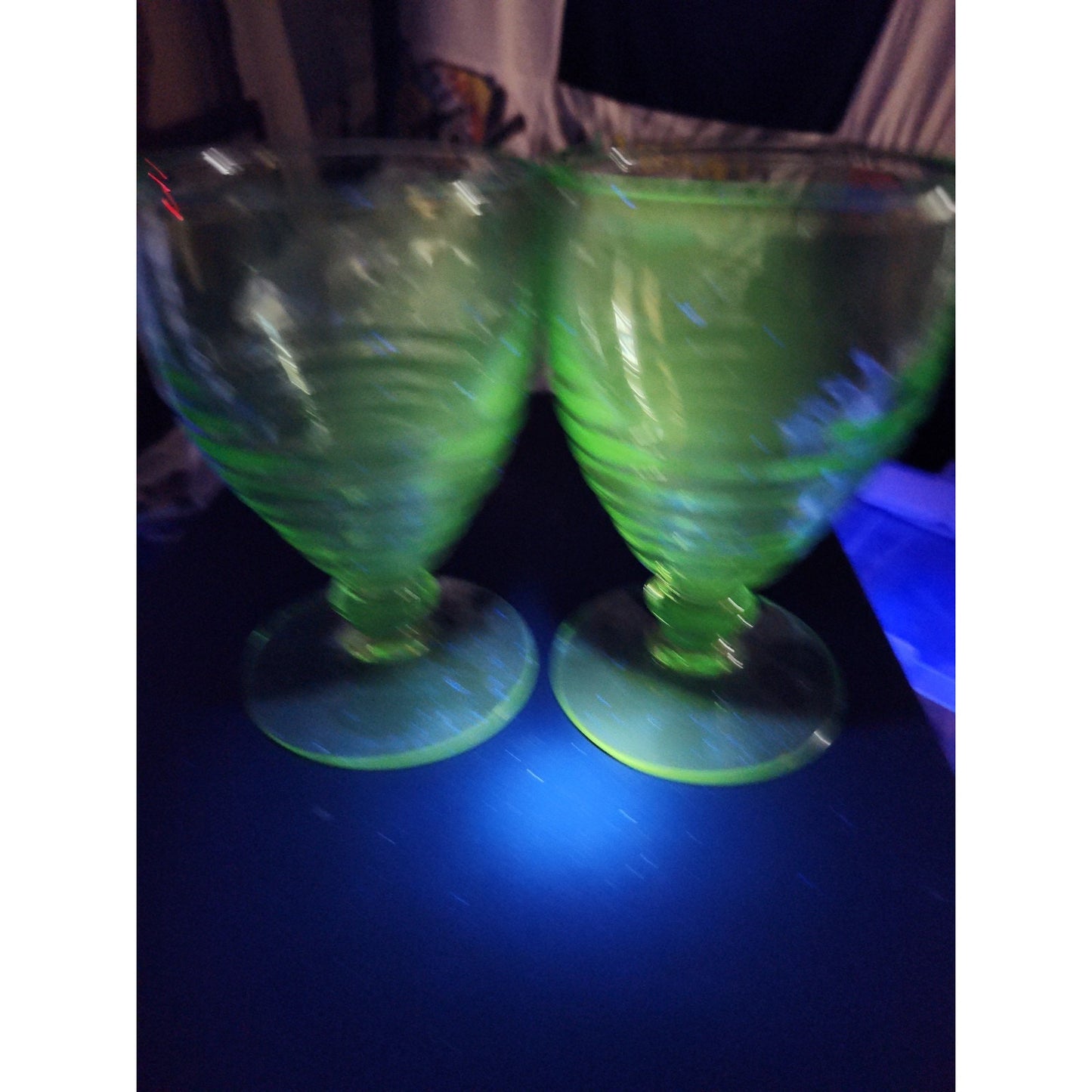 Lot/2 Paden City Green Penny Line Goblets 5 1/4" 1930's Nice UV Glow
