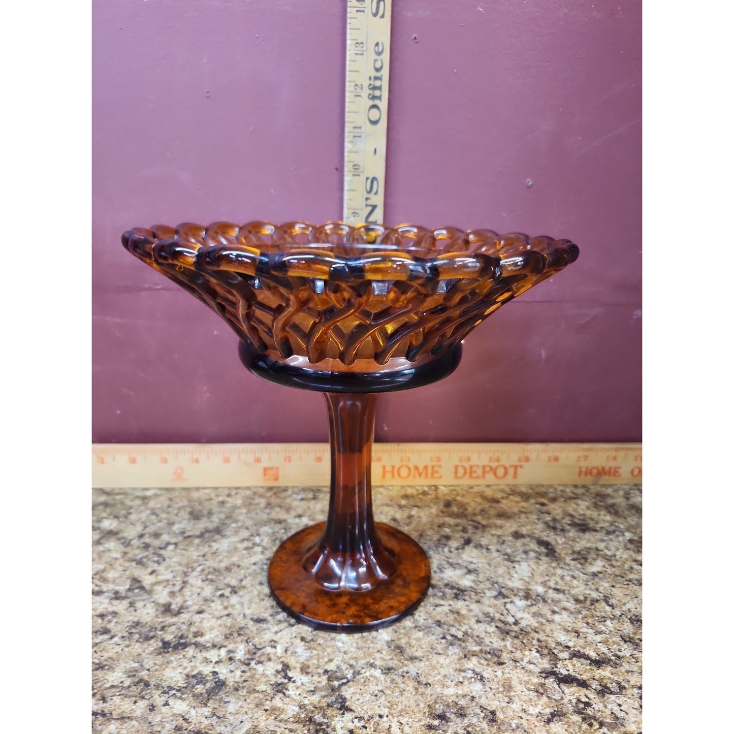 Vintage Amber Glass Basket Weave Pedestal Compote Or Candy Dish