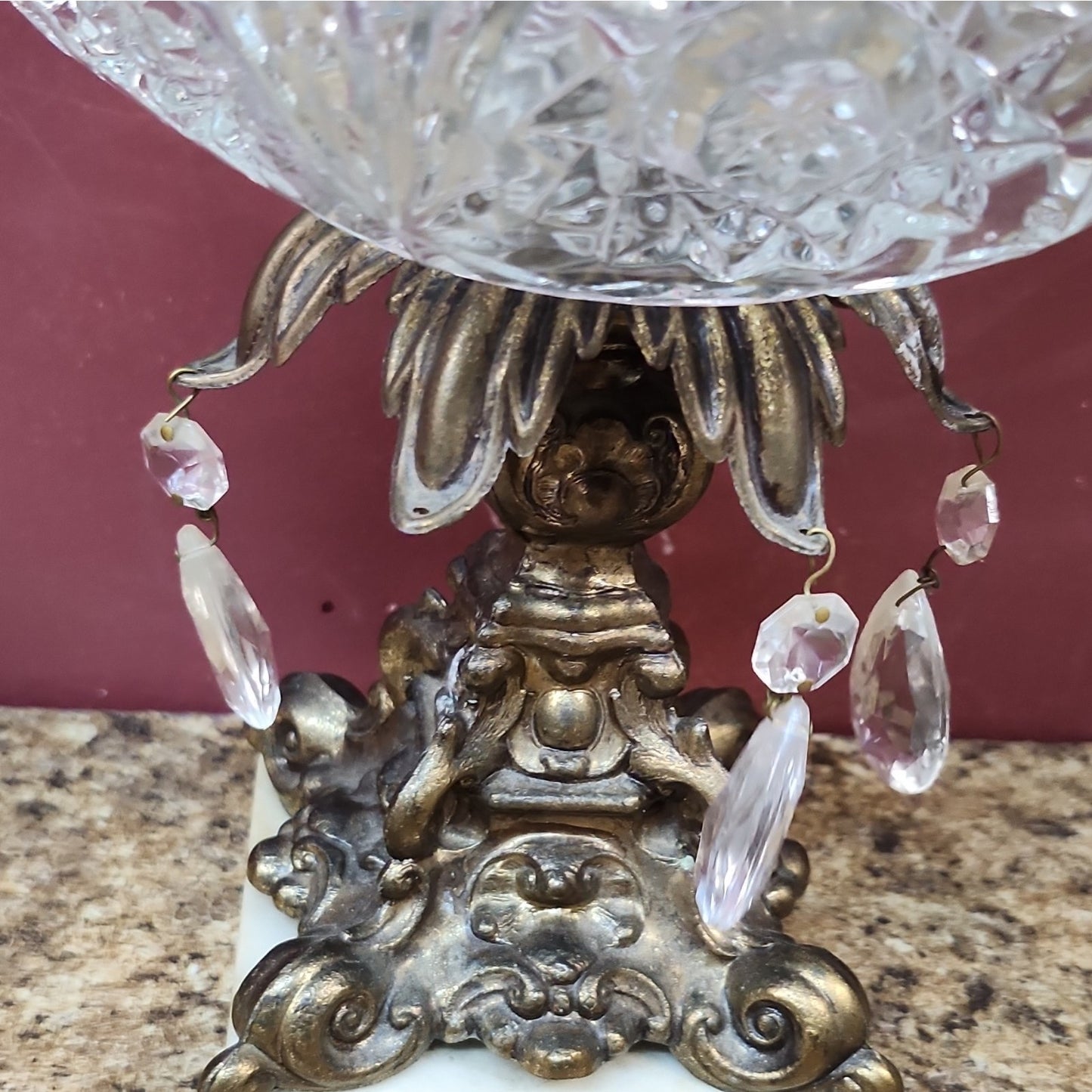 Antique Crystal Cut Glass Hexagonal Pedestal Bowl Hollywood Regency