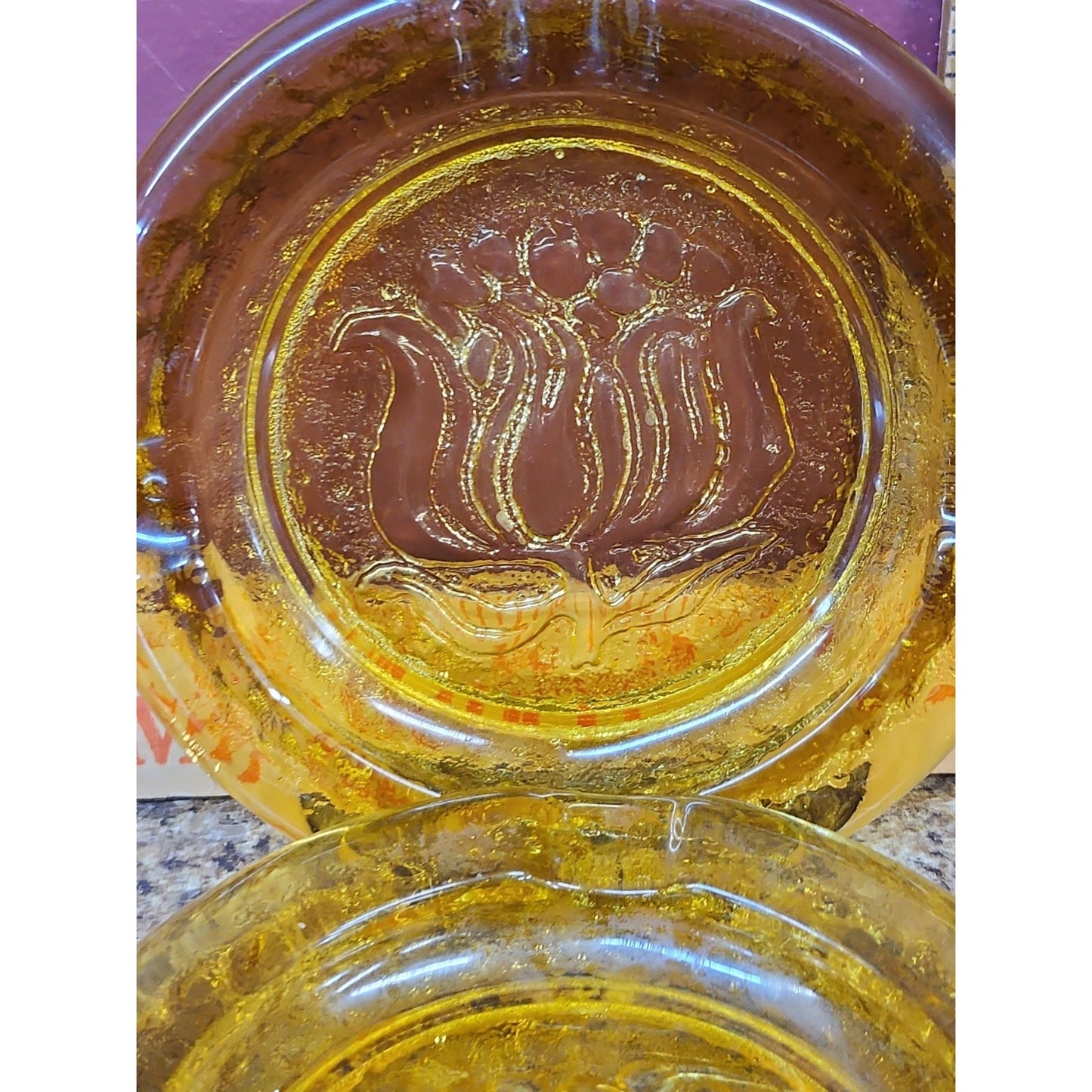 Lot Of 2 VINTAGE MCM 6" Honey Amber Tulip Flower Ashtray Textured Glass
