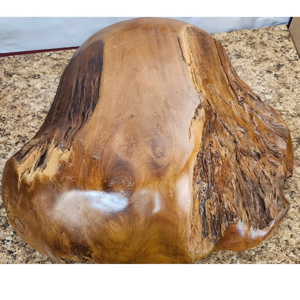 Vintage Hand Carved Teak Wood Live Edge Bowl Large Rustic Centerpiece Heavy