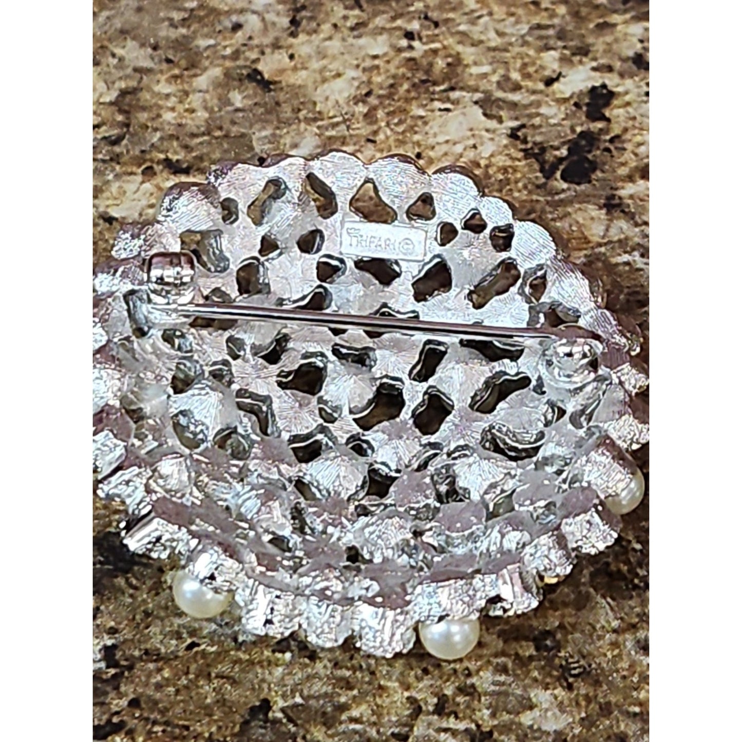 Vintage Crown Trifari Silvertone Faux Pearls Rhinestones Brooch
