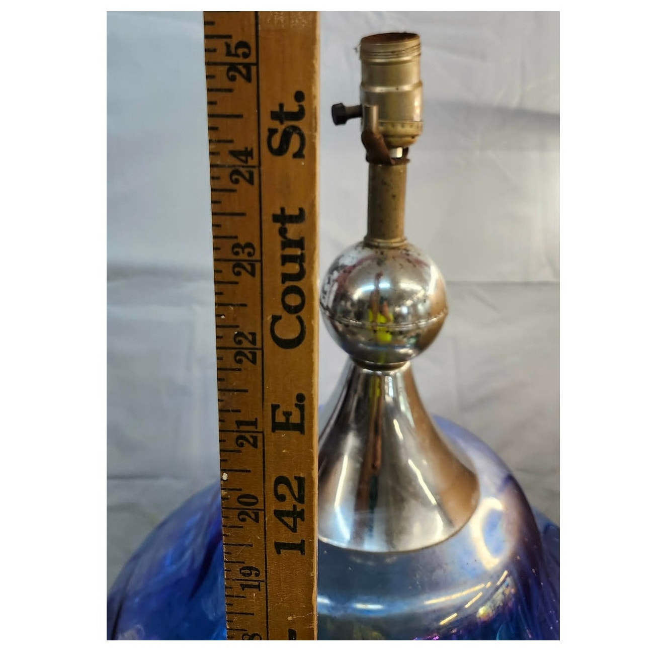 Vintage Blue Glass Table Lamp Mid Century Iridescent Carnival Electric 25" Tall