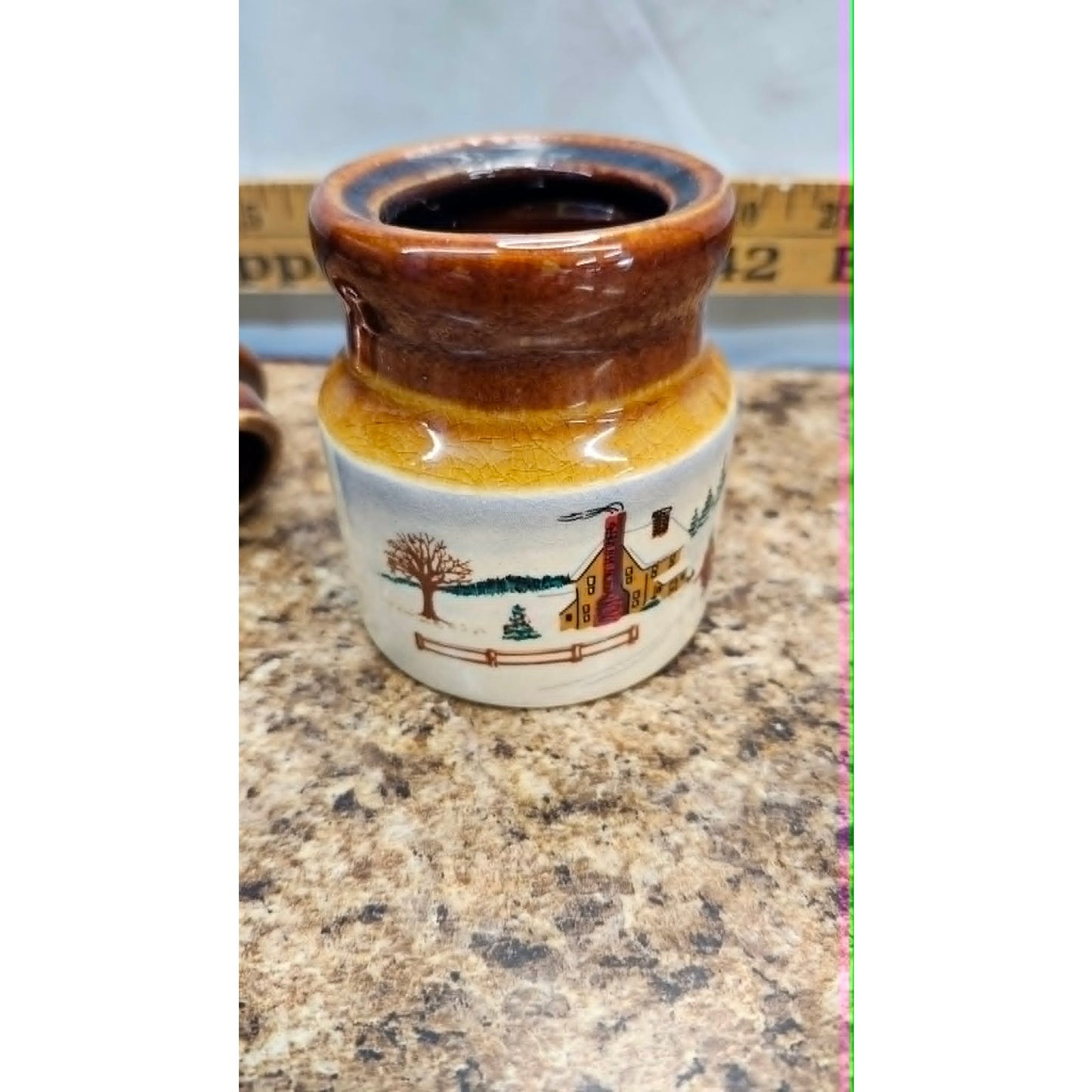 Vintage Miniature Ceramic Stoneware Storage Spice Crock Cheese Jar Winter Scene