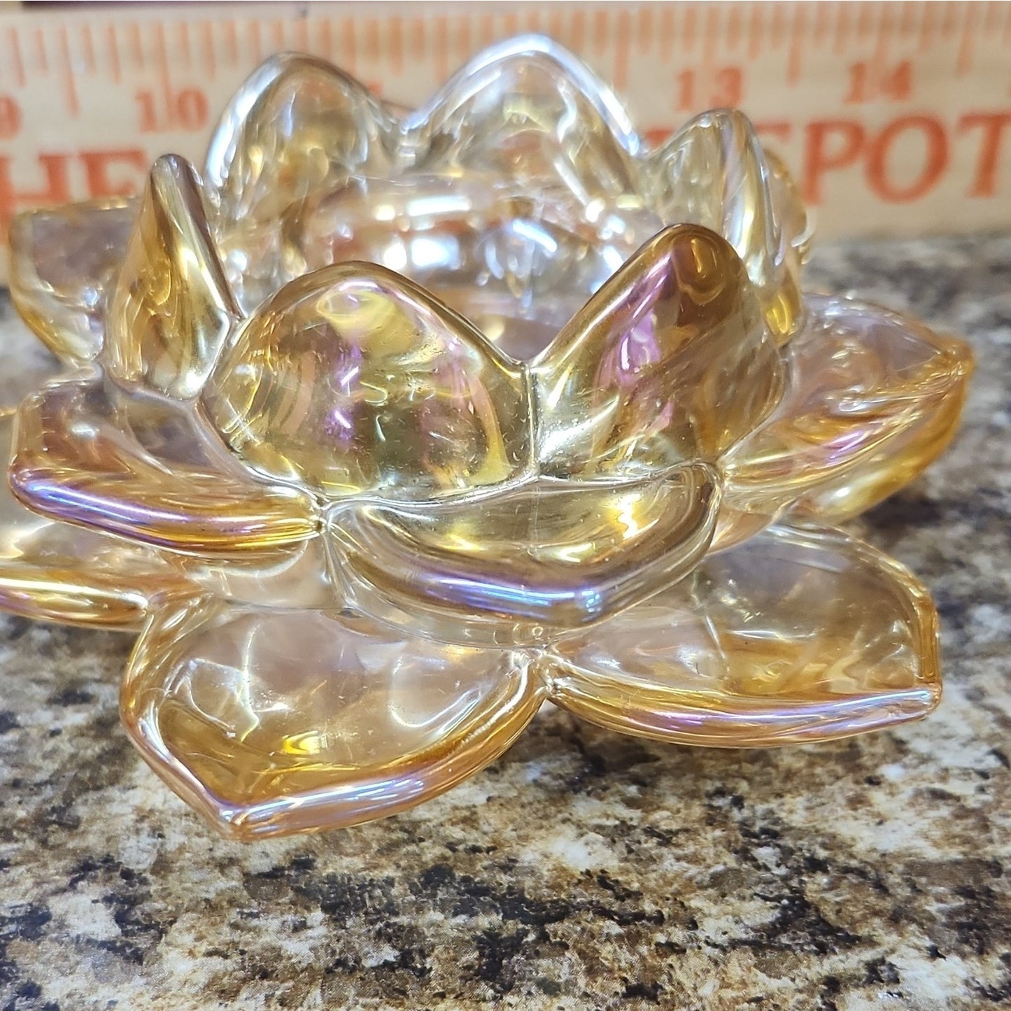 Set of 2 Iridescent Glass Lotus Flower Tea Light Candle Holders Clear Amber