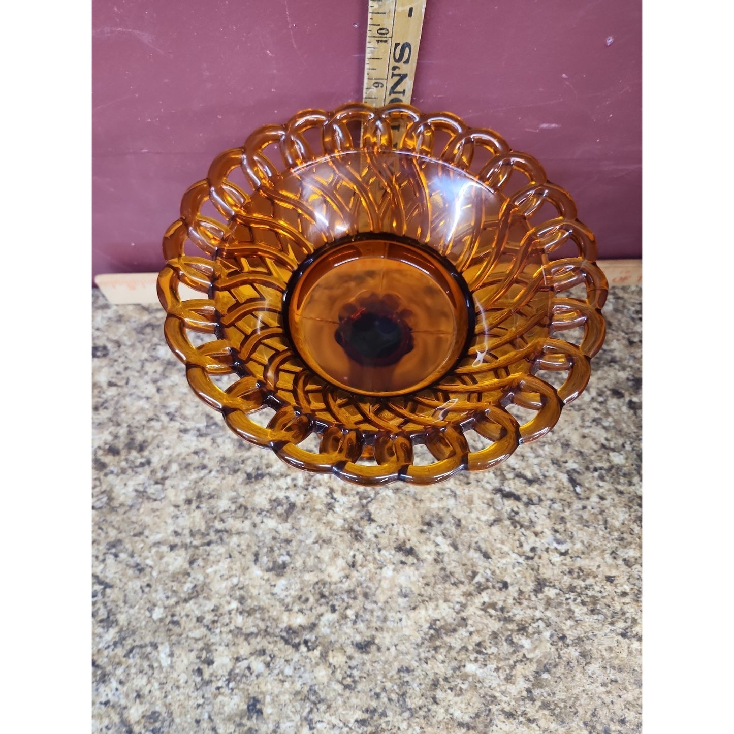 Vintage Amber Glass Basket Weave Pedestal Compote Or Candy Dish