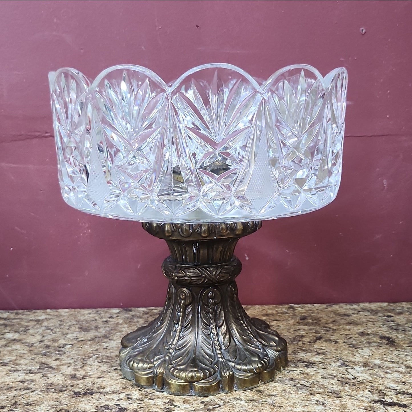 Cut Lead Crystal Starburst Pedestal Compote Bowl, Clear, Gold-Tone Metal Base