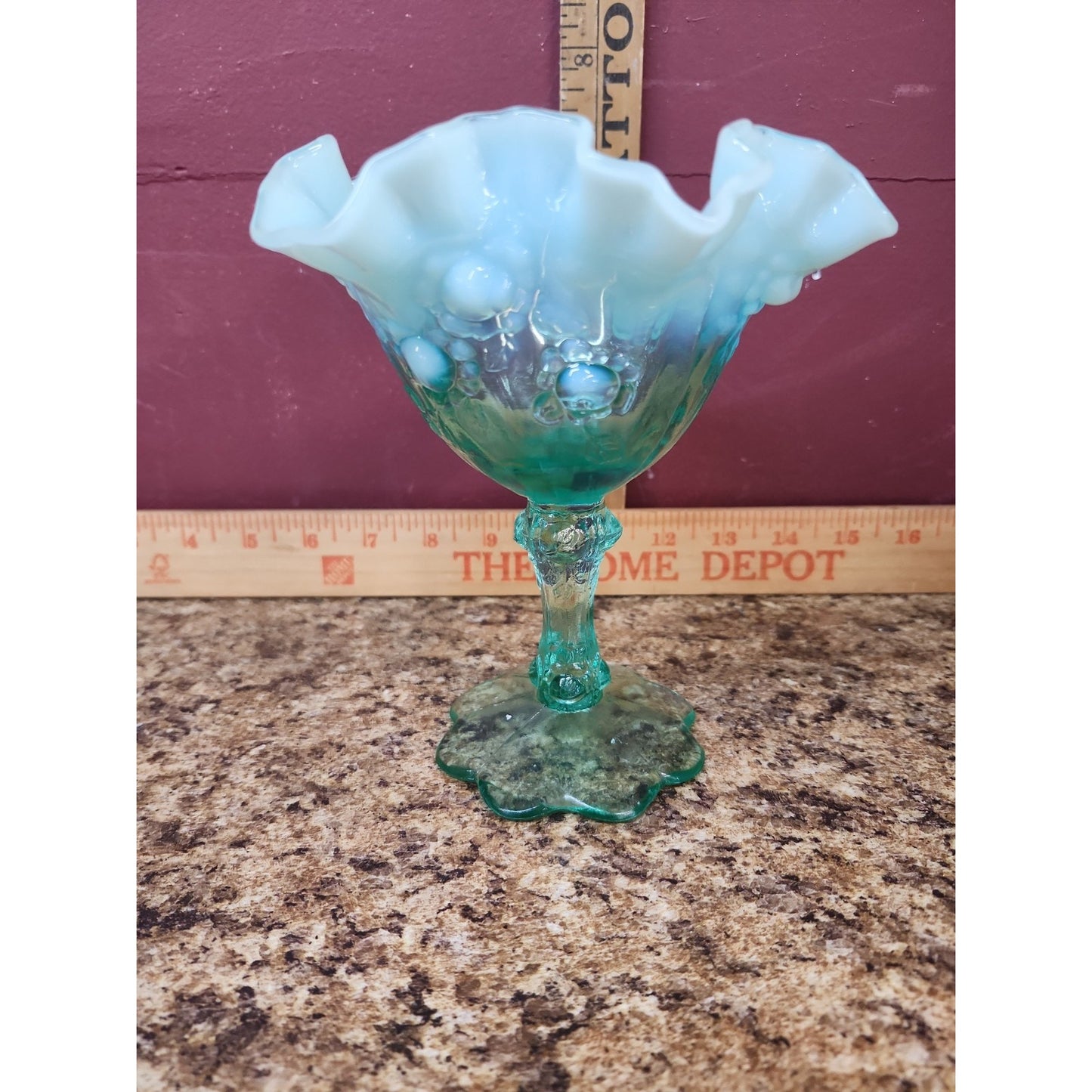 Fenton SEA MIST GREEN OPALESCENT CABBAGE ROSE PATTERN COMPORT 1993 GLOWS