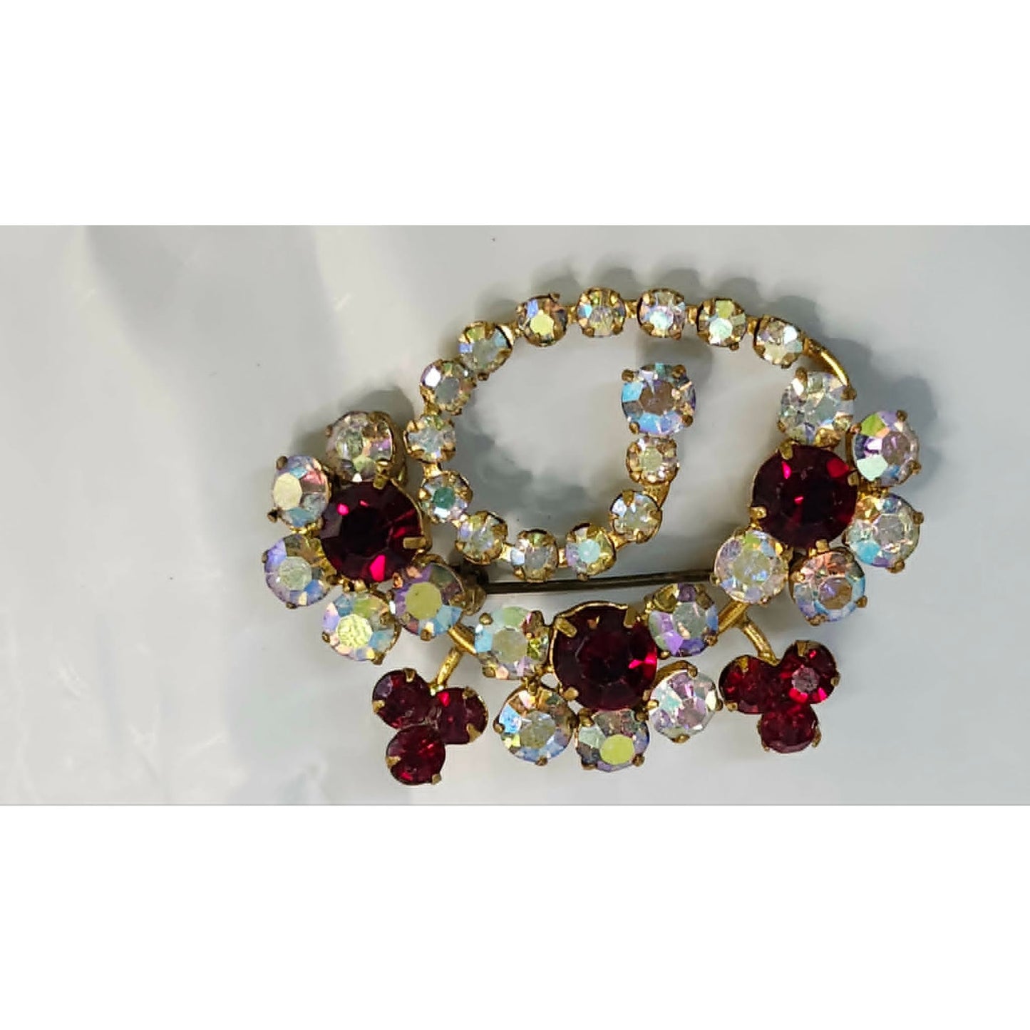 Vintage Made In Austria Rhinestone Brooch Pin Red Clear Crystal Gold Tone