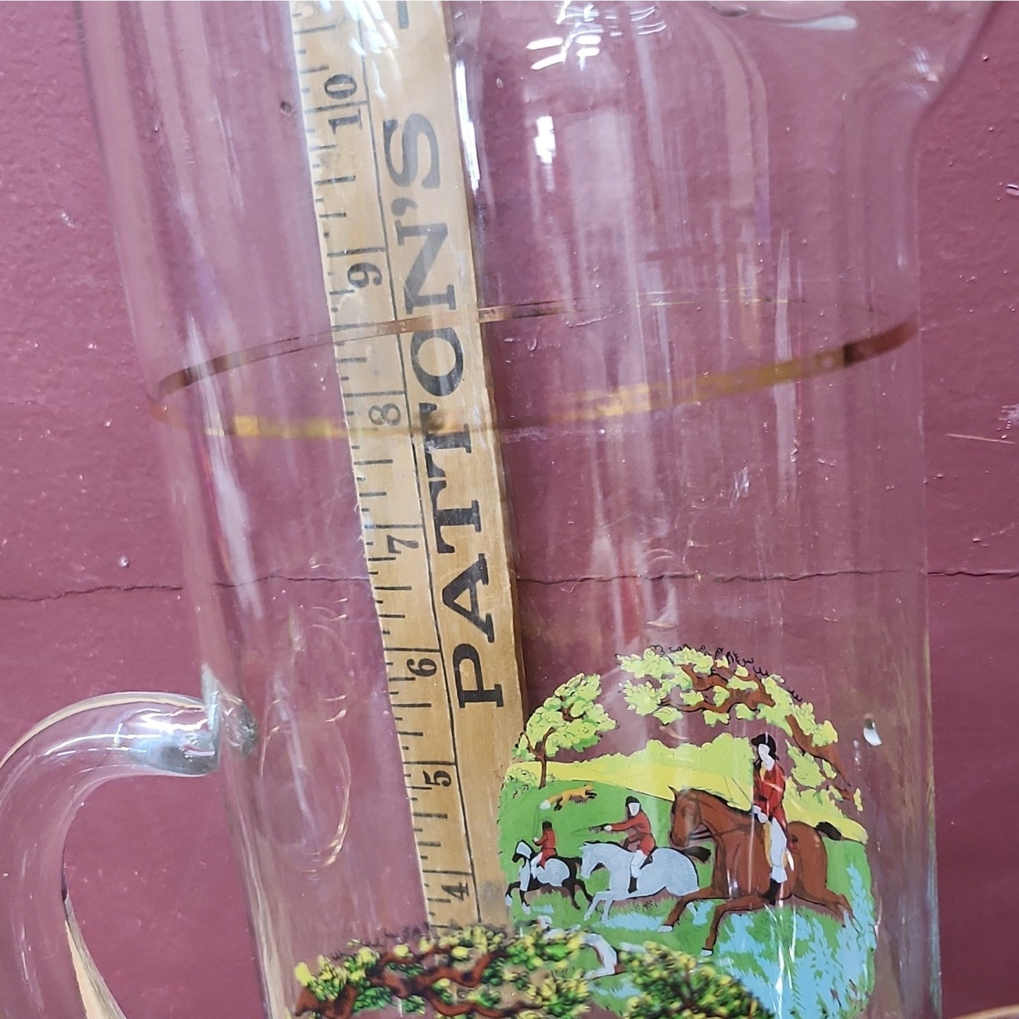 Neiman Marcus Style Glass Pitcher + 6 Tumblers, Hunting Scene Horses