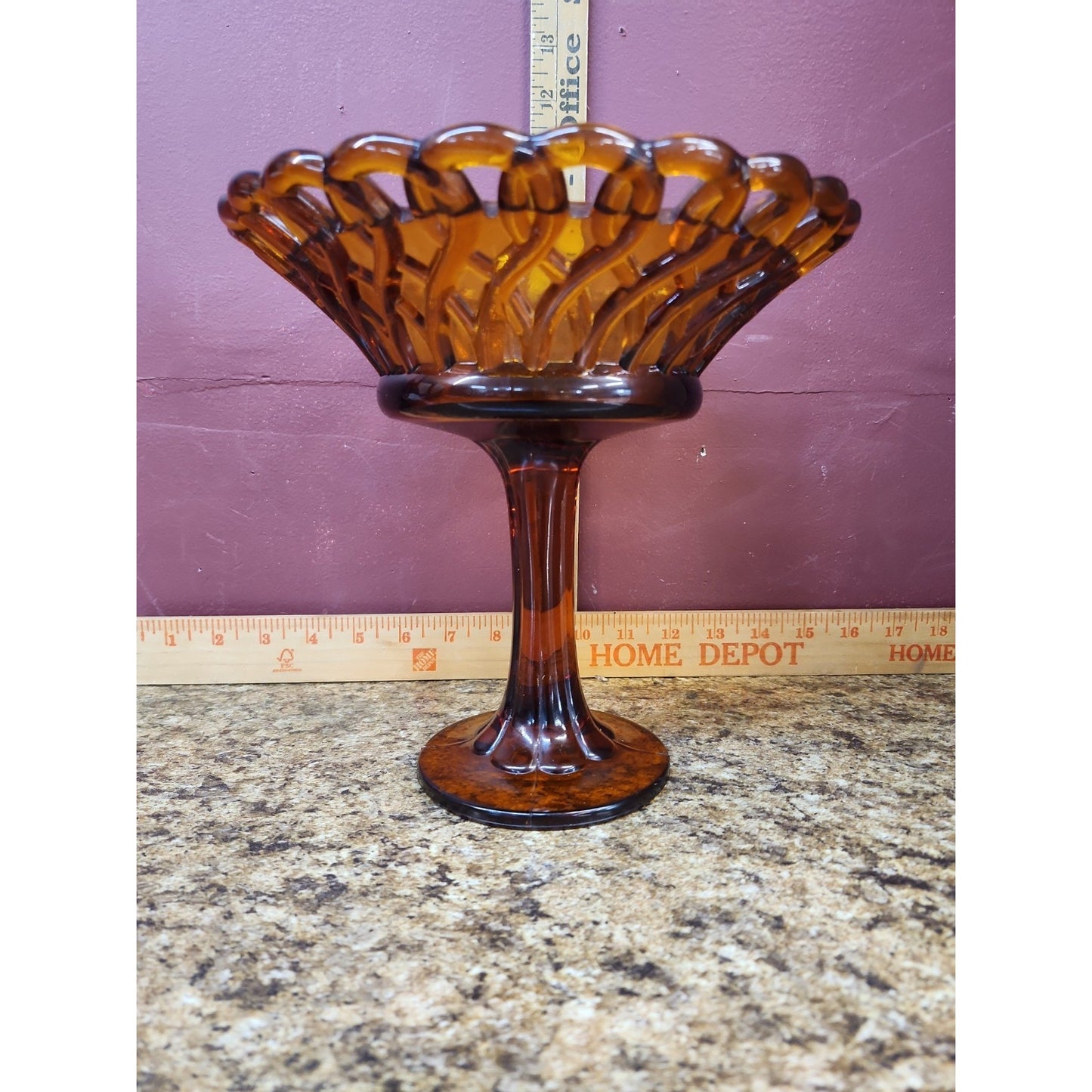 Vintage Amber Glass Basket Weave Pedestal Compote Or Candy Dish