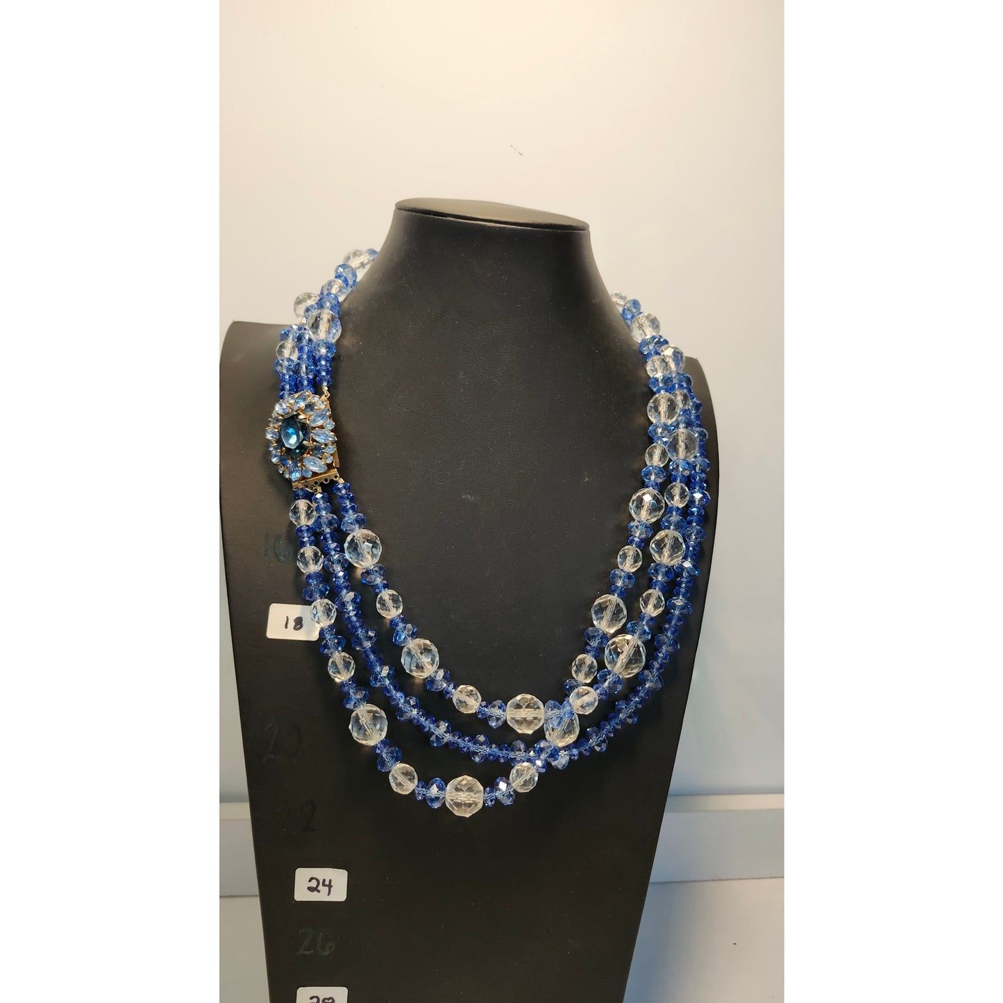 Vintage Darien Multi Strand Faceted Bead Necklace Blue Clear Lead Crystal 21"