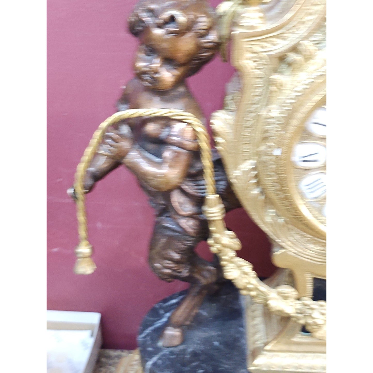 Large Imperial Lancini Italian Made Gilded Bronze & Marble Mantle Clock Satyrs