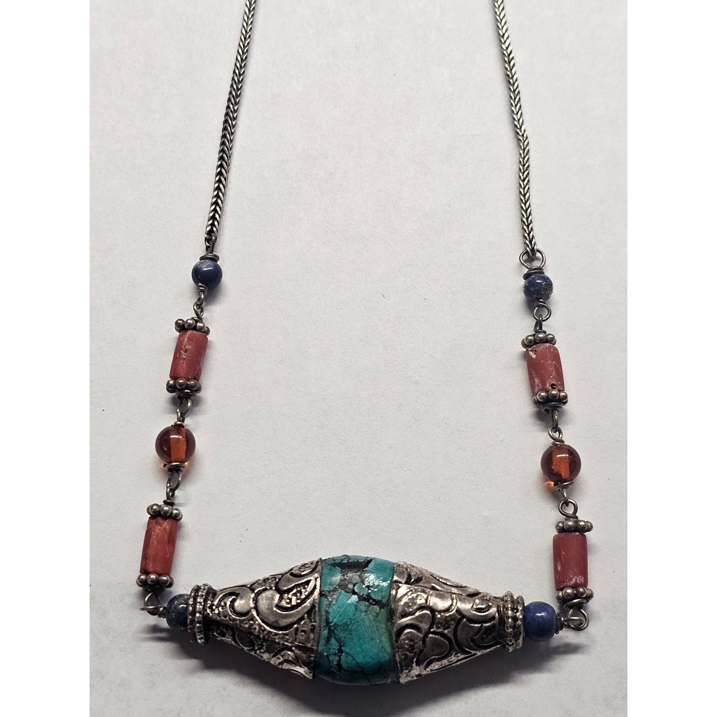 Vintage Sterling Silver and Turquoise Necklace Tibetan Tribal Blue Red Beads