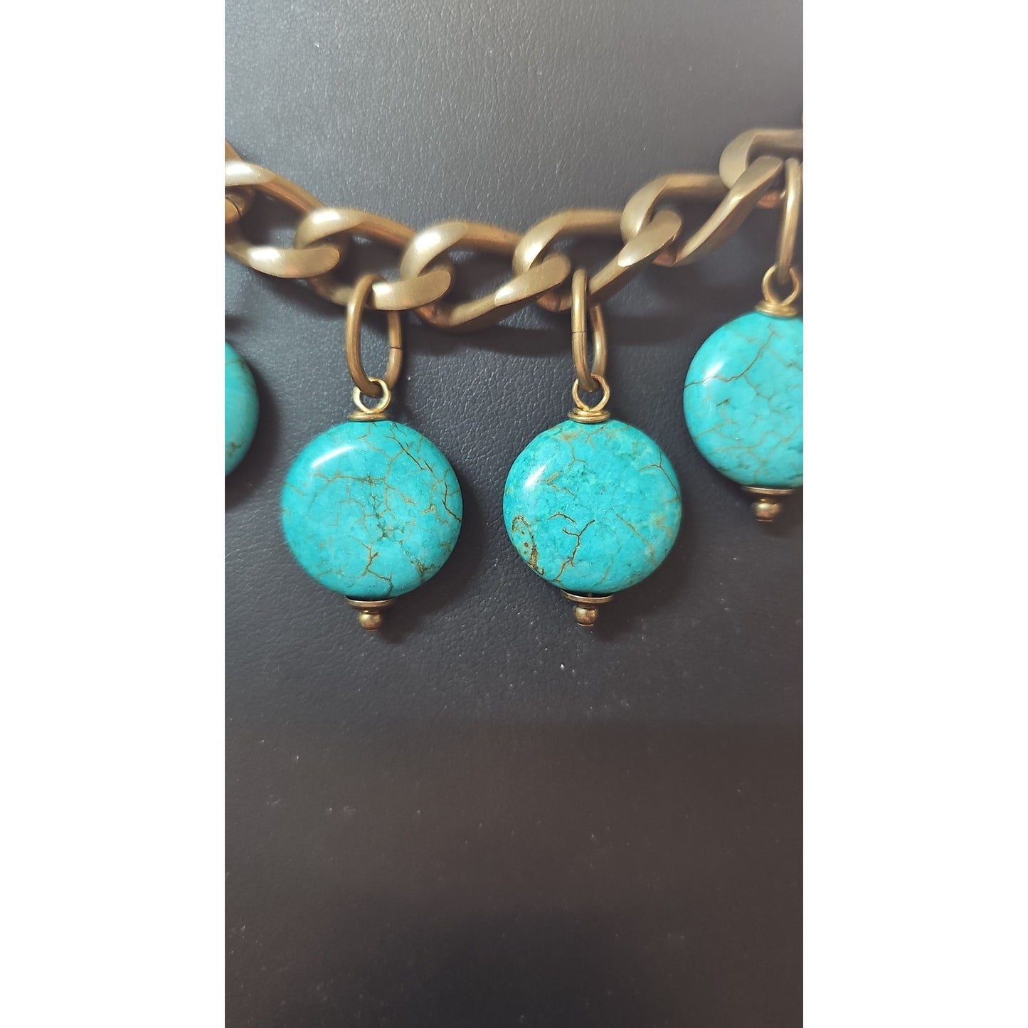 Jan Michaels Turquoise Drop Charm Womens Necklace Antiqued Brass Statement