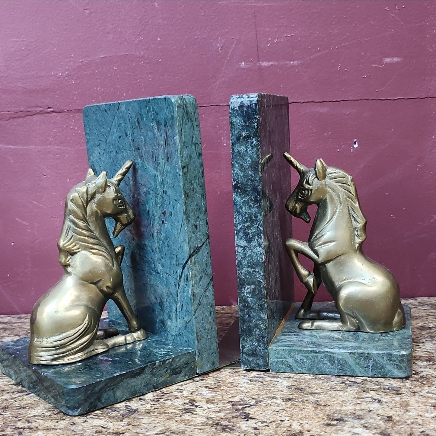 Leonard Silver Co Solid Brass Unicorn Bookends Pair, Marbled Green Marble