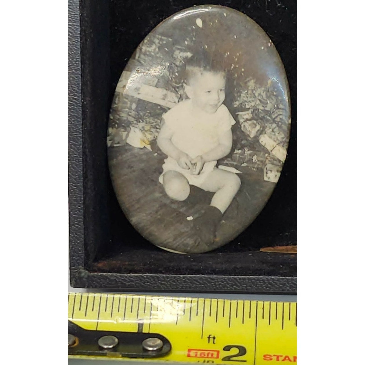 Vintage Antique Oval Pocket Mirror Black White Photo Toddler Boy Celluloid USA