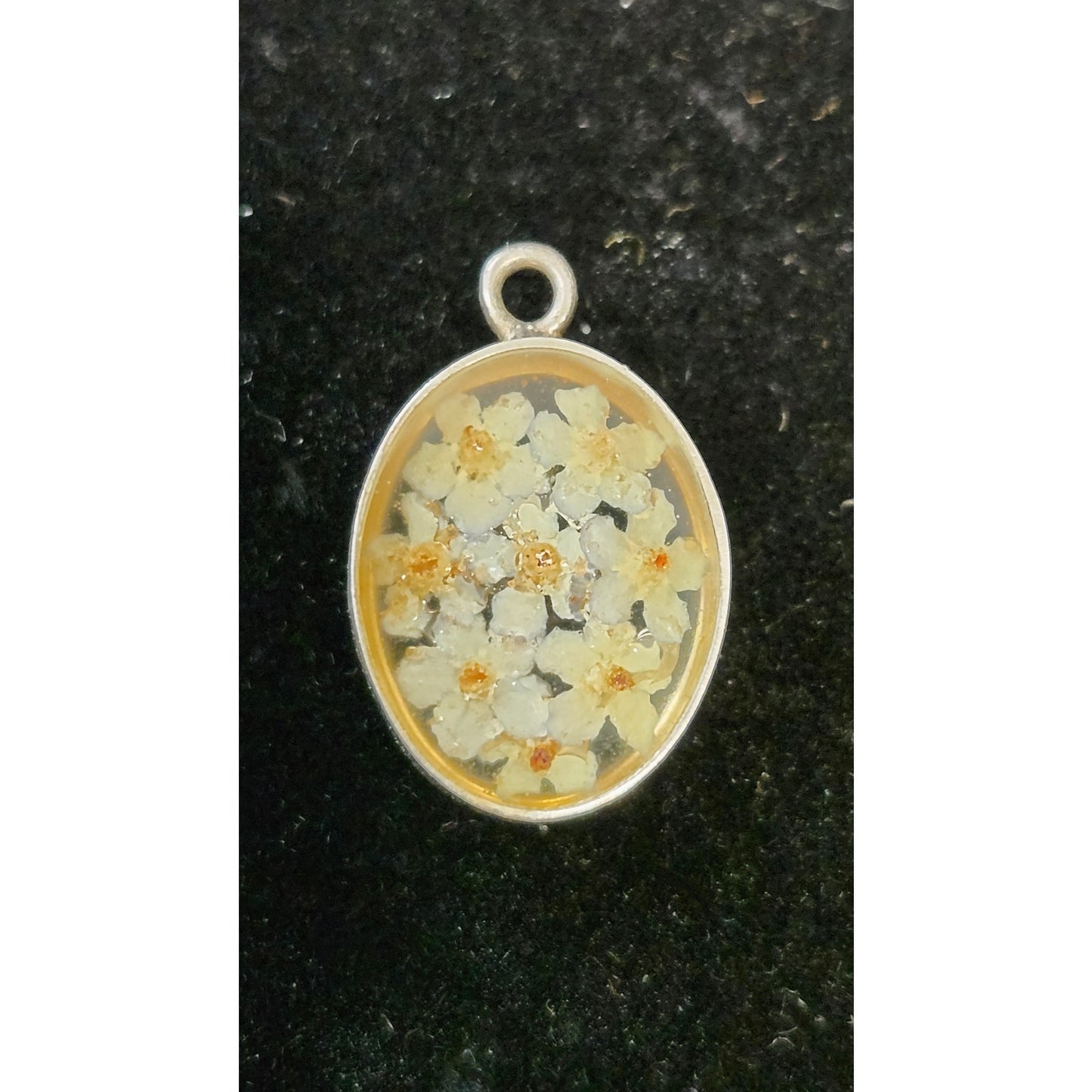 Vintage ATI Mexico 925 Sterling Silver Dried Flower Resin Oval Pendant Charm