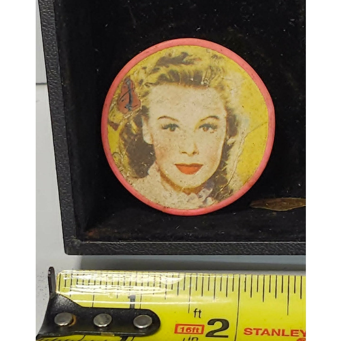 Vintage Litho Celluloid Pocket Mirror Red Rim Woman Portrait Mid Century Retro