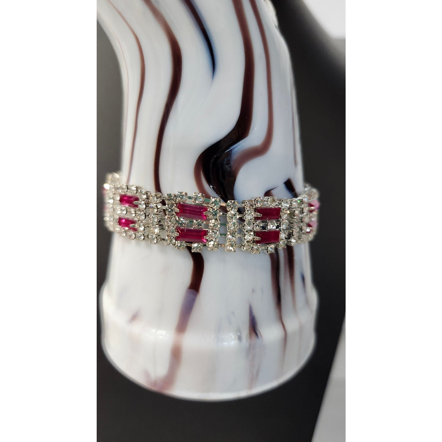 Vintage Ruby Rhinestone Silver-Tone Link Costume Bracelet 7.25"