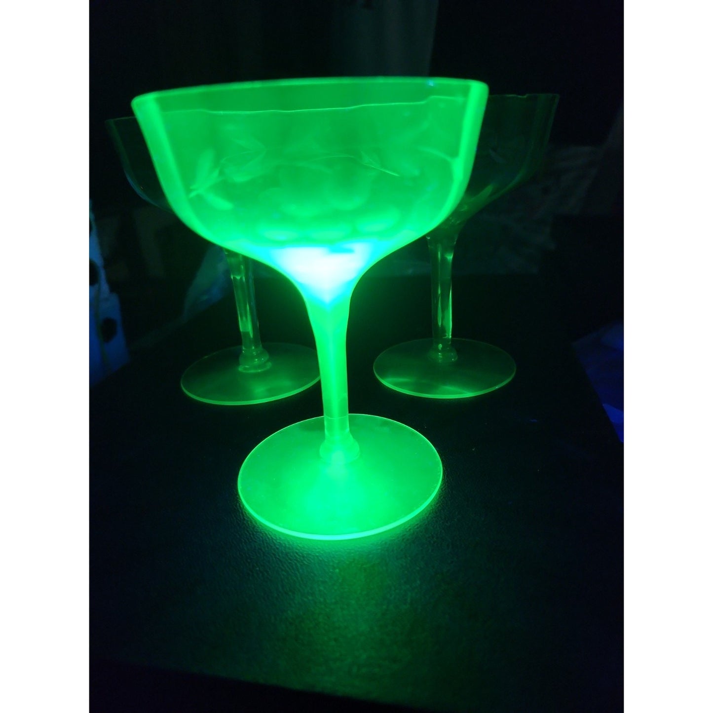 Lot Of 3 Vintage Uranium Glass Stemmed Champagne Glasses Excellent UV Glow!