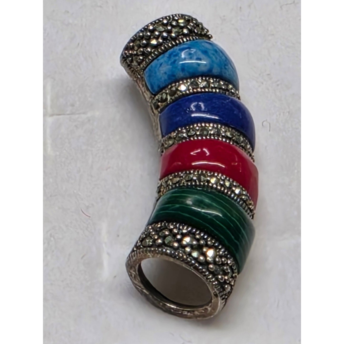 Vintage 925 Sterling Silver Multi-Stone Curved Slider Pendant Southwestern