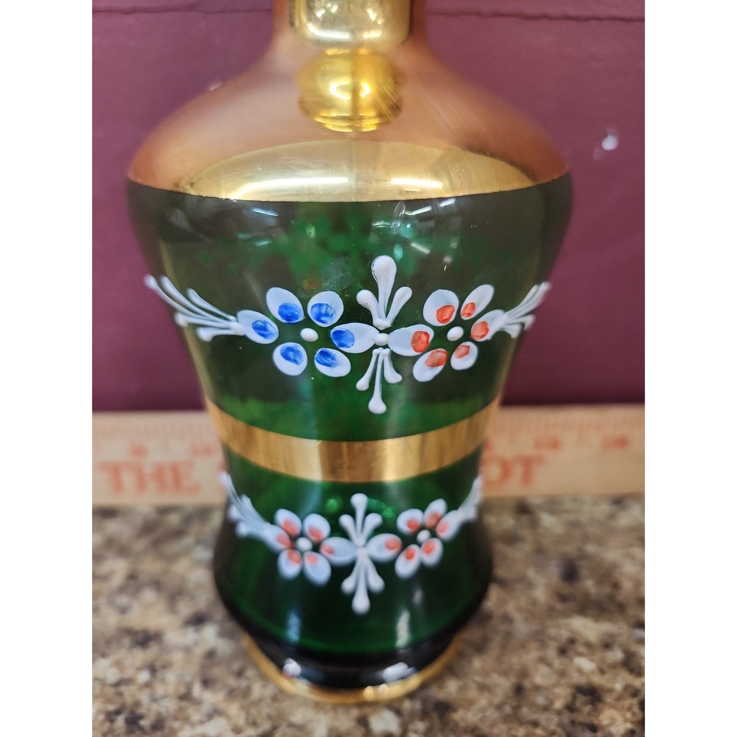 Vintage Hand-Painted Emerald Green Venetian Glass Decanter w/Stopper MCM